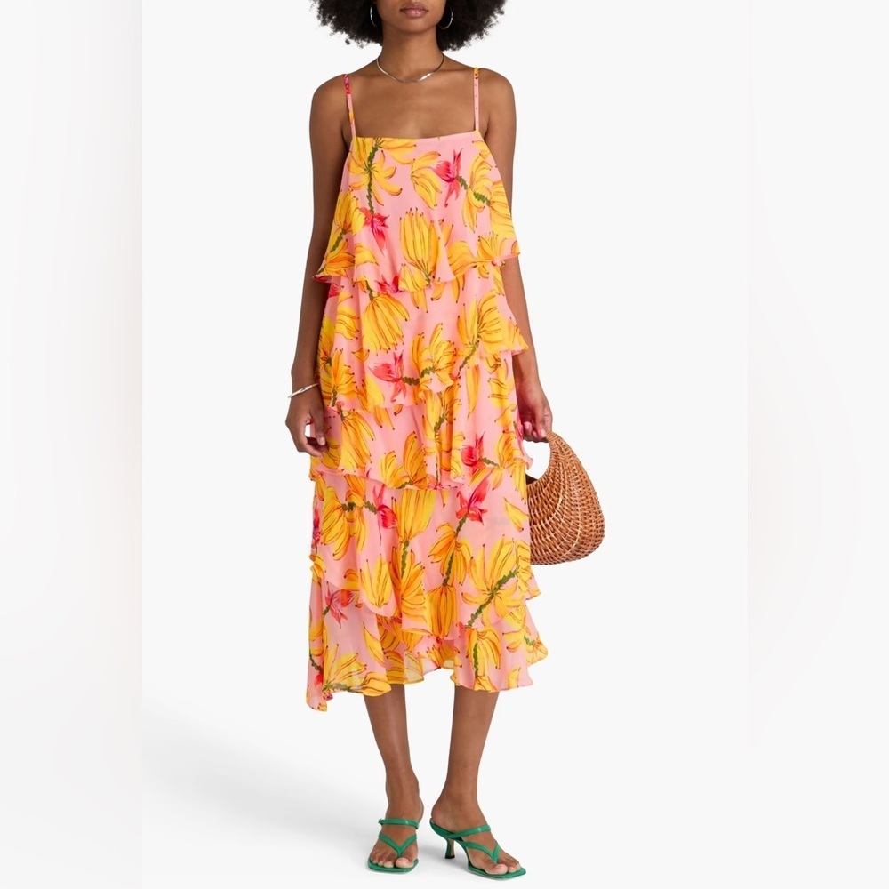 FARM RIO Women’s Ruffled Tropical Georgette Tiered Boho Midi Summer Dress Small
